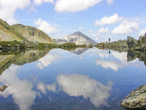 Rast an einem Gebirgssee mit Schafen